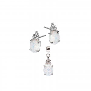 Srebrny Komplet 925 kolczyki zawieszka Biały Opal I