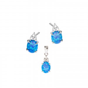 Srebrny Komplet 925 kolczyki zawieszka Niebieski Opal