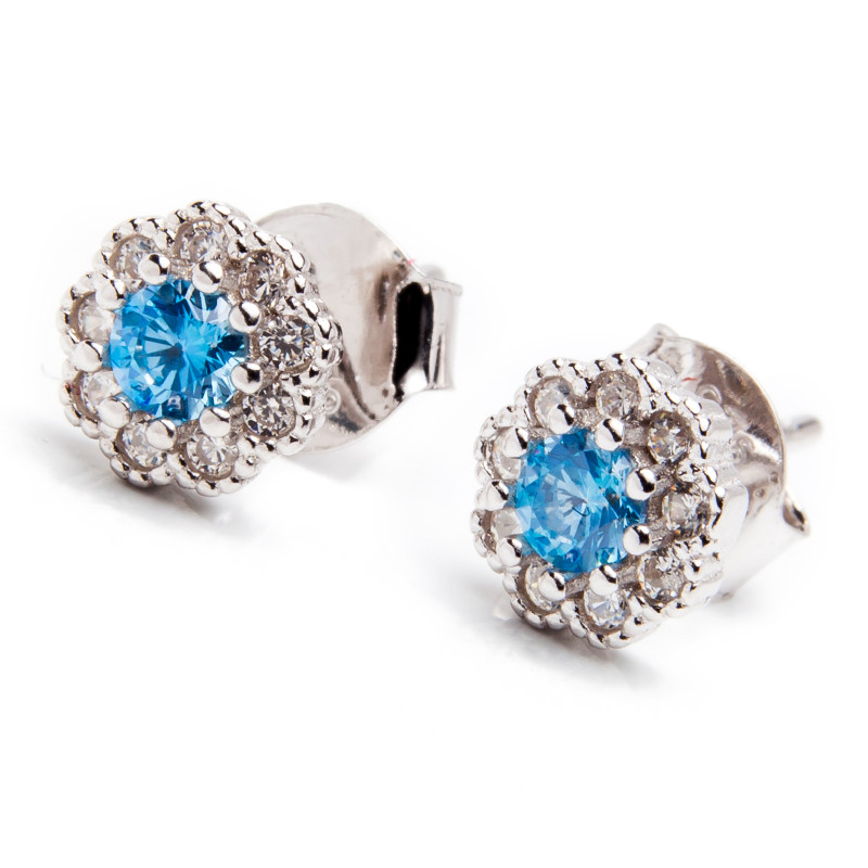 Srebrne kolczyki kwiat niebieska cyrkonia