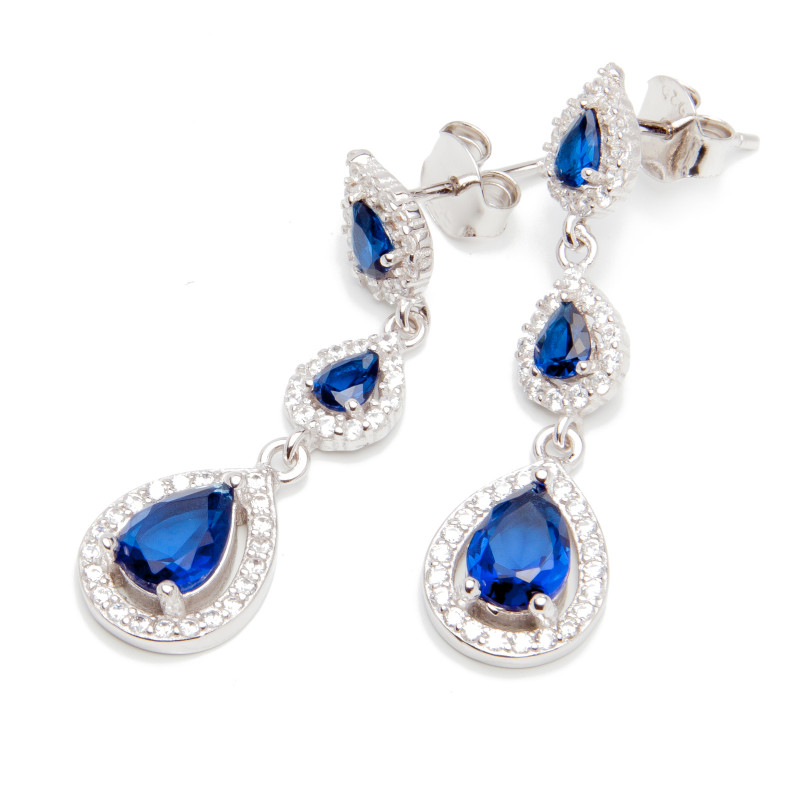 Srebrne kolczyki 925 wiszące niebieskie cyrkonie