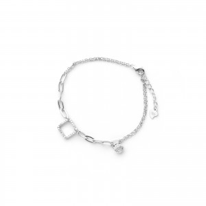Srebrna Bransoletka 925 Kwadrat Ankier Cyrkonia