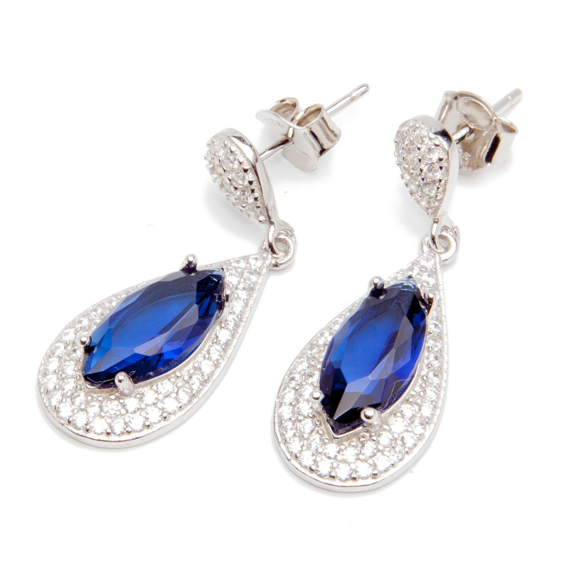 Srebrne kolczyki wiszące granatowa cyrkonia