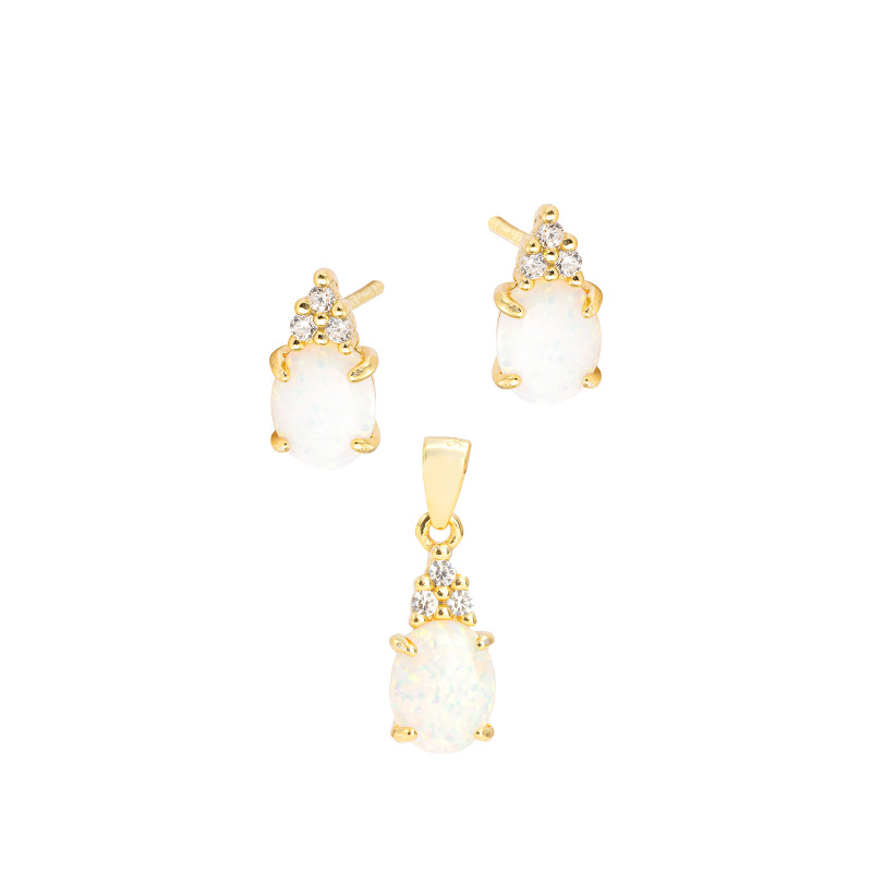 Srebrny pozłacany 925 komplet kolczyki zawieszka Biały Opal I